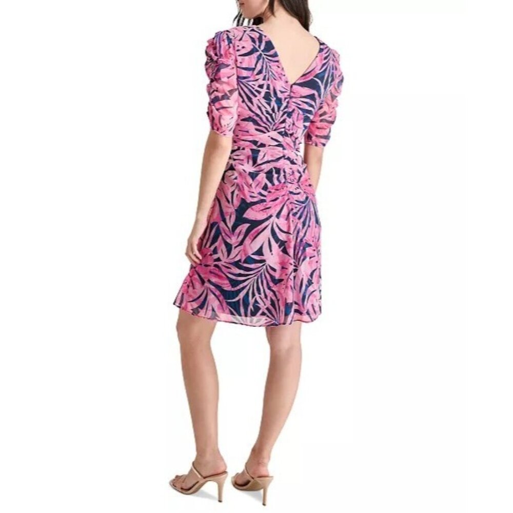 DKNY Womens Size 12 Short-Sleeve Ruched V-Neck Chiffon Dress NEW - Picture 2 of 2
